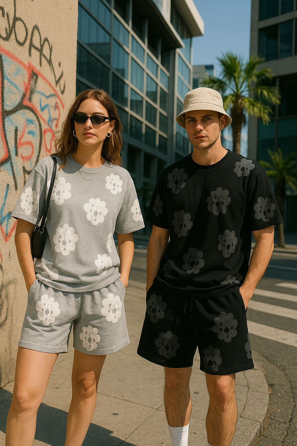 Nola - Flower Kiss Zomerset Unisex Modieuze Comfi T-Shirt en Shorts Witte Bloemen