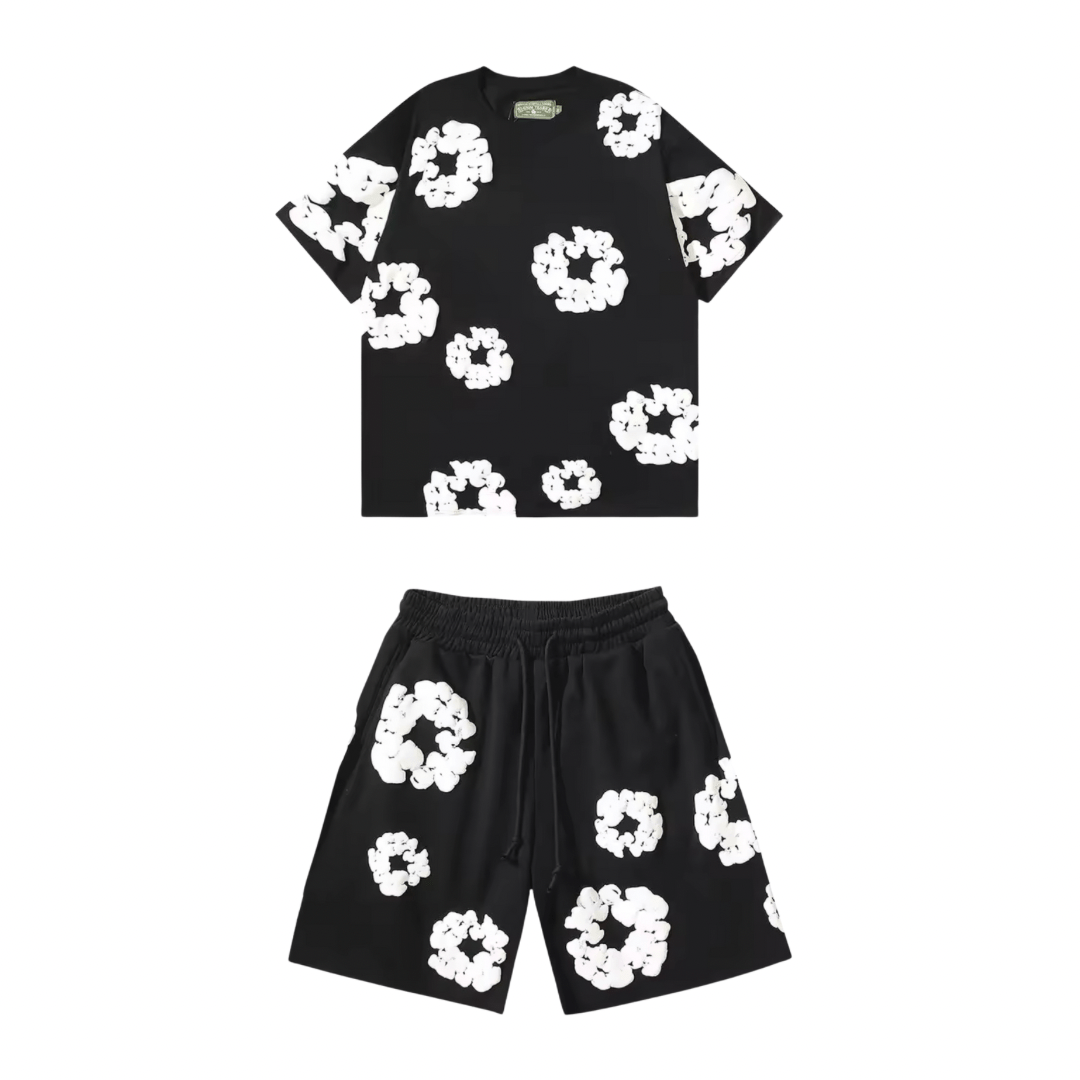 Nola - Flower Kiss Zomerset Unisex Modieuze Comfi T-Shirt en Shorts Witte Bloemen