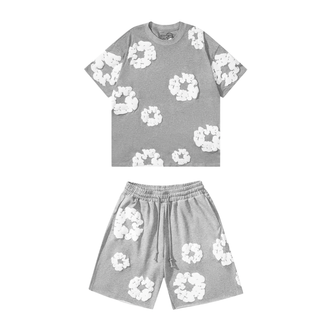 Nola - Flower Kiss Zomerset Unisex Modieuze Comfi T-Shirt en Shorts Witte Bloemen