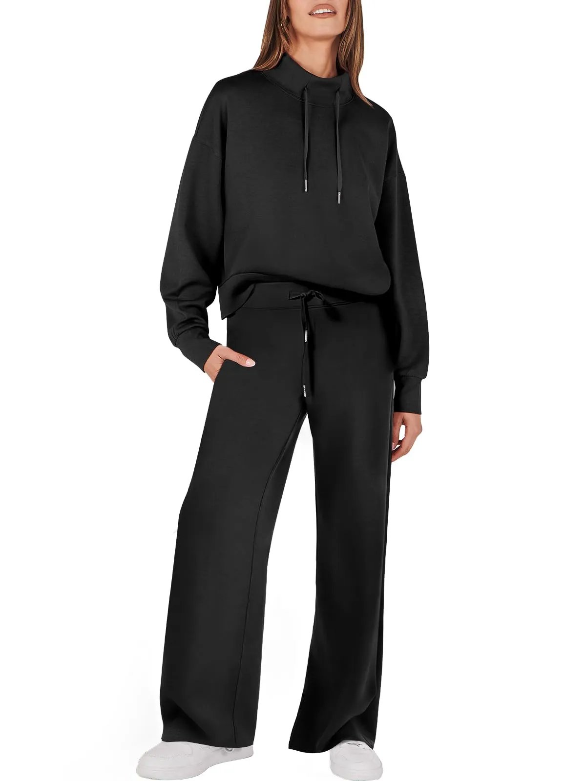 Tweedelig Dames Sweatshirt en Wijde Broek Bijpassende Set Met Zakken