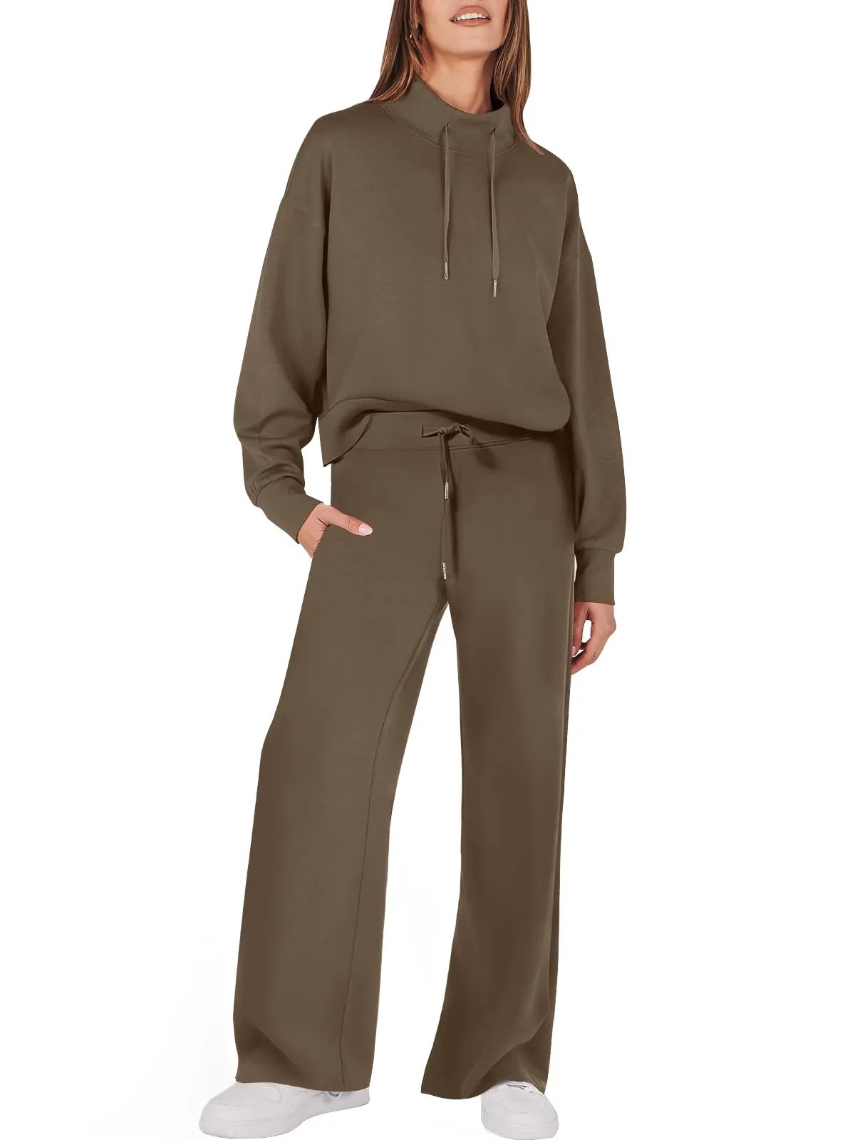 Tweedelig Dames Sweatshirt en Wijde Broek Bijpassende Set Met Zakken