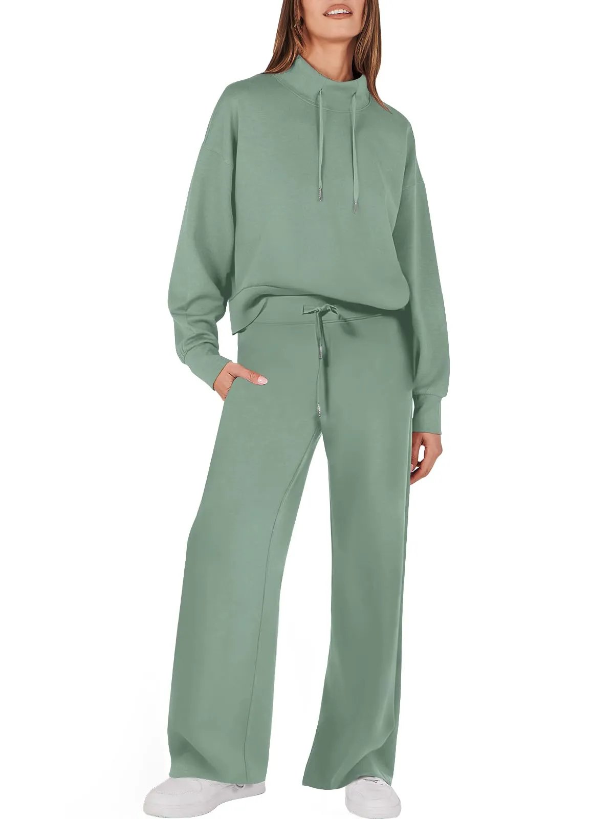Tweedelig Dames Sweatshirt en Wijde Broek Bijpassende Set Met Zakken