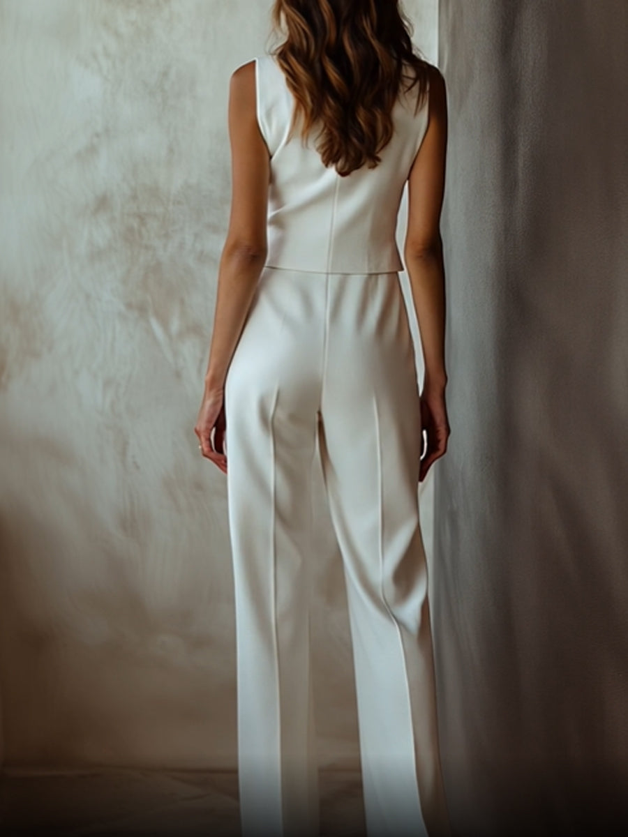 Nova - Elegante Witte Mouwloze Blazer met Bijpassende Rechte Broek