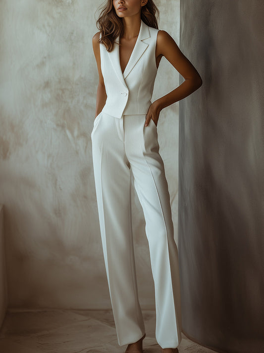 Nova - Elegante Witte Mouwloze Blazer met Bijpassende Rechte Broek