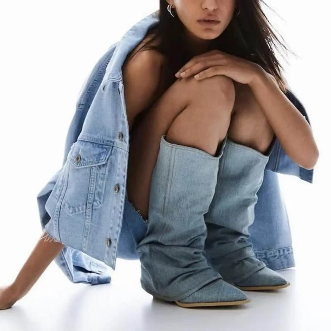 Holliston - Moderne Lichtblauwe Denim Overslag Lose Fit Cowboy Laarzen voor Vrouwen