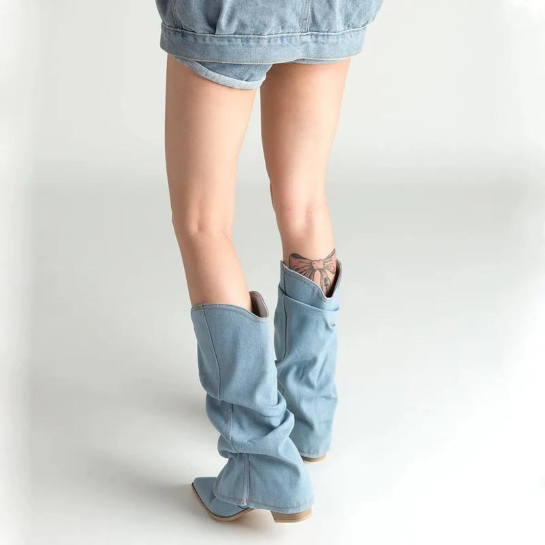 Holliston - Moderne Lichtblauwe Denim Overslag Lose Fit Cowboy Laarzen voor Vrouwen