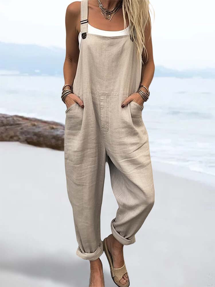 Ilse - Dames Linnen Jumpsuit Tuinbroek in Beige met Zakken en Losse Casual Fit