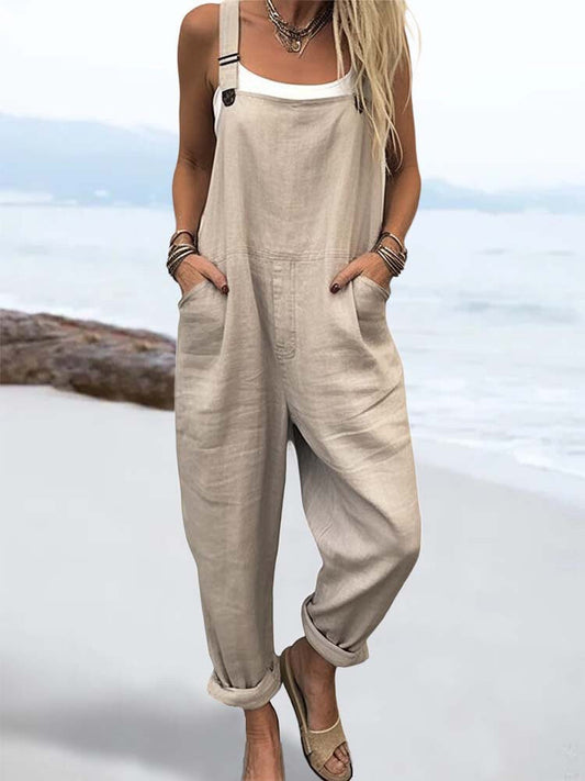 Ilse - Dames Linnen Jumpsuit Tuinbroek in Beige met Zakken en Losse Casual Fit