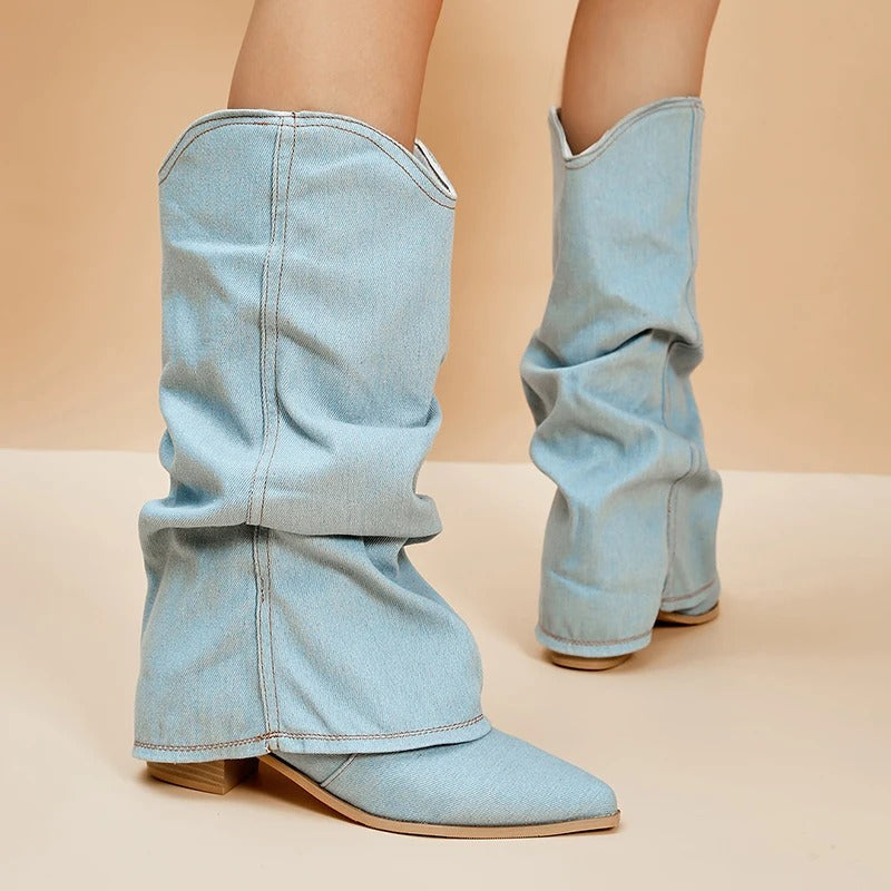 Holliston - Moderne Lichtblauwe Denim Overslag Lose Fit Cowboy Laarzen voor Vrouwen