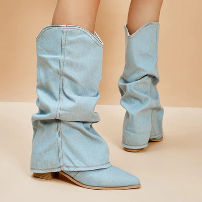 Holliston - Moderne Lichtblauwe Denim Overslag Lose Fit Cowboy Laarzen voor Vrouwen