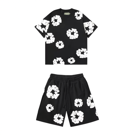 Nola - Flower Kiss Zomerset Unisex Modieuze Comfi T-Shirt en Shorts Witte Bloemen