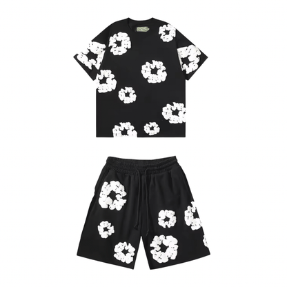 Nola - Flower Kiss Zomerset Unisex Modieuze Comfi T-Shirt en Shorts Witte Bloemen