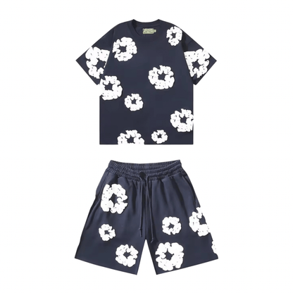 Nola - Flower Kiss Zomerset Unisex Modieuze Comfi T-Shirt en Shorts Witte Bloemen