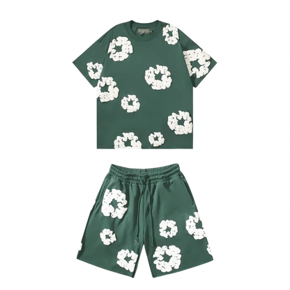 Nola - Flower Kiss Zomerset Unisex Modieuze Comfi T-Shirt en Shorts Witte Bloemen