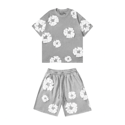 Nola - Flower Kiss Zomerset Unisex Modieuze Comfi T-Shirt en Shorts Witte Bloemen