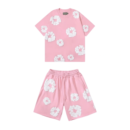 Nola - Flower Kiss Zomerset Unisex Modieuze Comfi T-Shirt en Shorts Witte Bloemen