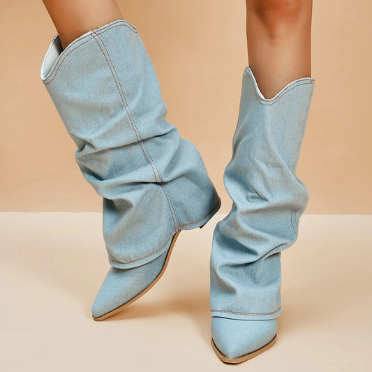 Holliston - Moderne Lichtblauwe Denim Overslag Lose Fit Cowboy Laarzen voor Vrouwen