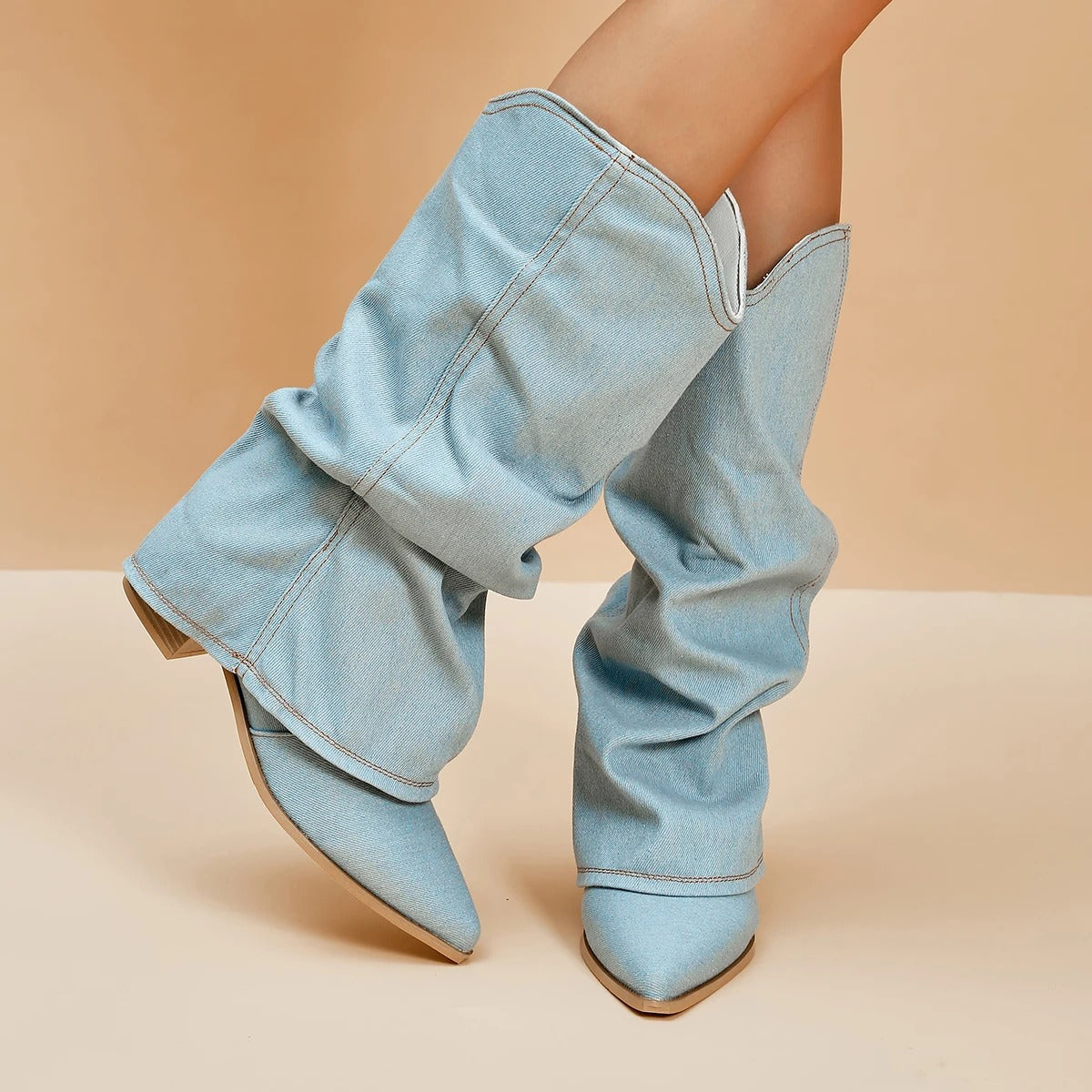 Holliston - Moderne Lichtblauwe Denim Overslag Lose Fit Cowboy Laarzen voor Vrouwen