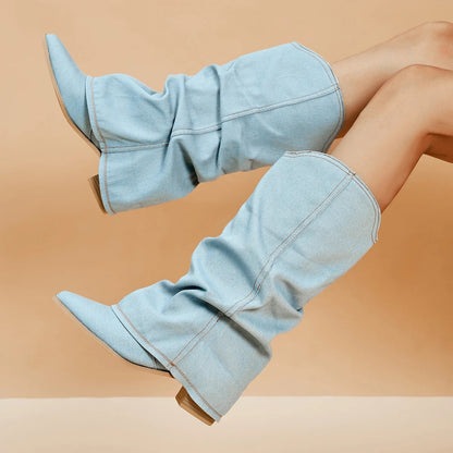 Holliston - Moderne Lichtblauwe Denim Overslag Lose Fit Cowboy Laarzen voor Vrouwen